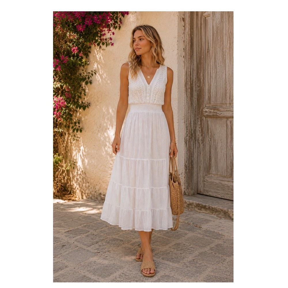 J Gee White Coastal Cottagecore Romantic Tiered Smoked Waist Lined Midi Dress L